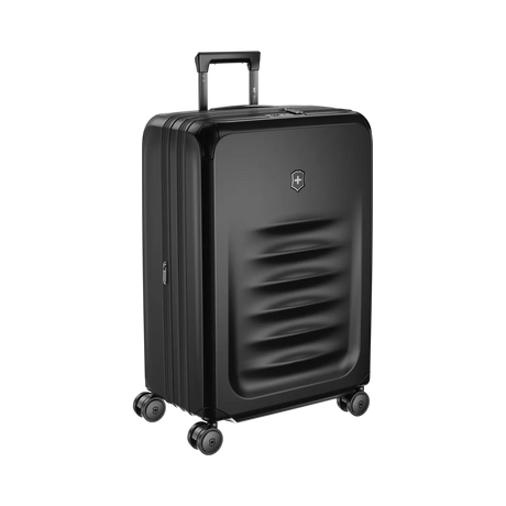 Black hardshell rolling suitcase with horizontal ridges on the front.