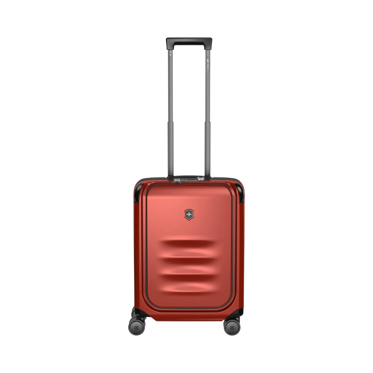 Red hardshell rolling suitcase with a telescoping handle and wheels.