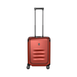 Red hardshell rolling suitcase with a telescoping handle and wheels.