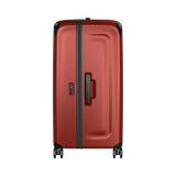 Red hardshell rolling suitcase with black trim and wheels.