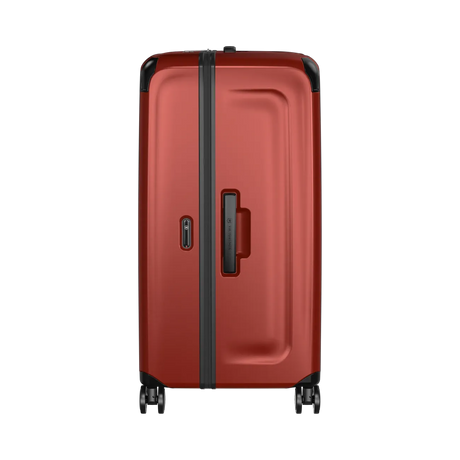 Red hardshell rolling suitcase with black trim and wheels.