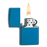Blue metal lighter with a lit flame.