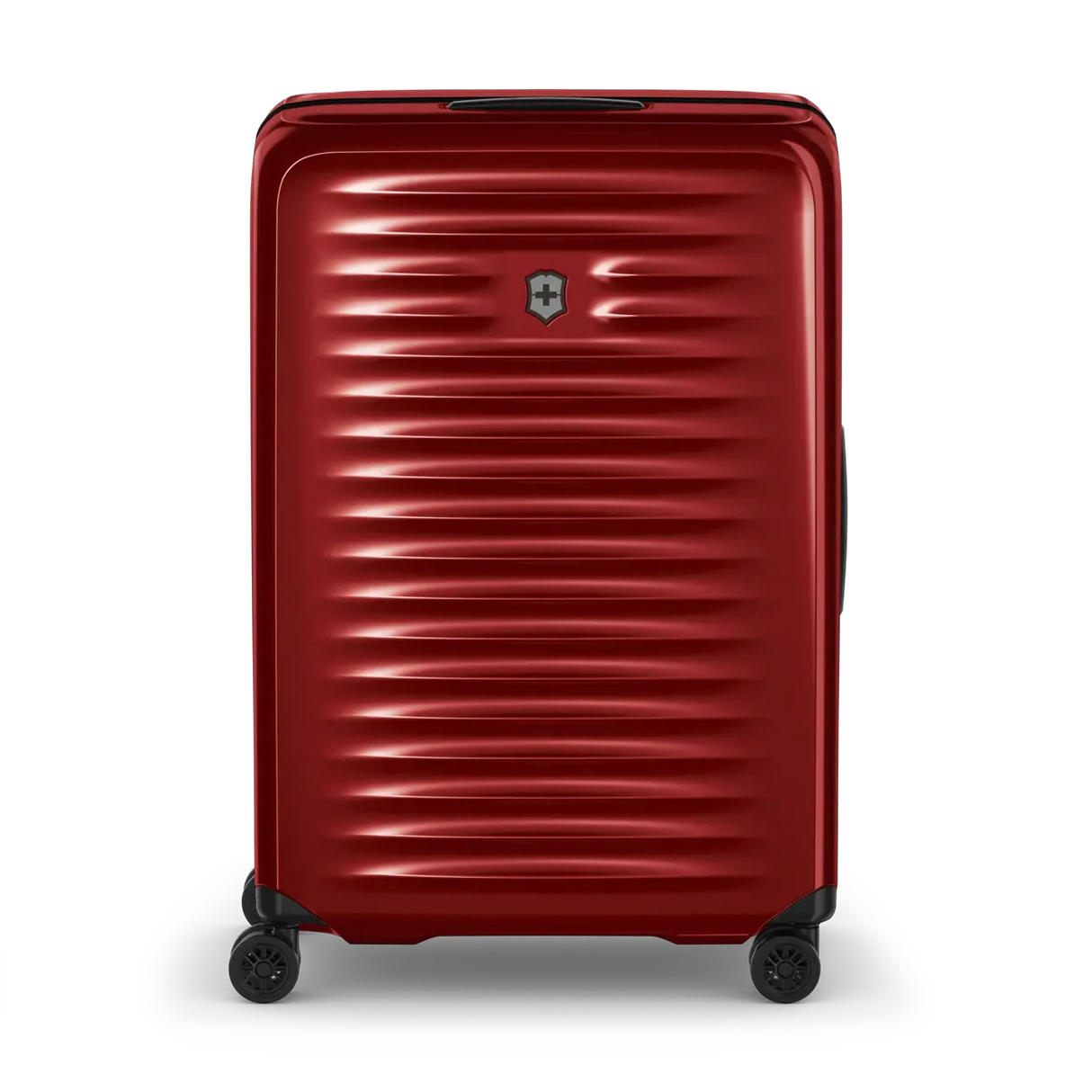 Red hardshell rolling suitcase with horizontal ridges and a logo.