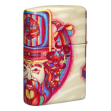 Colorful, psychedelic-style decorated Zippo lighter featuring an abstract face design.