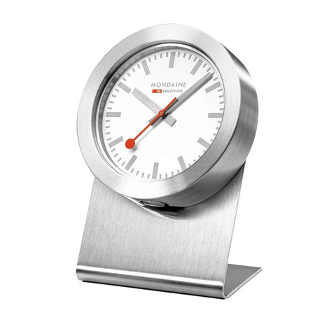 Sleek, modern desk clock with a round white face and silver metal stand.