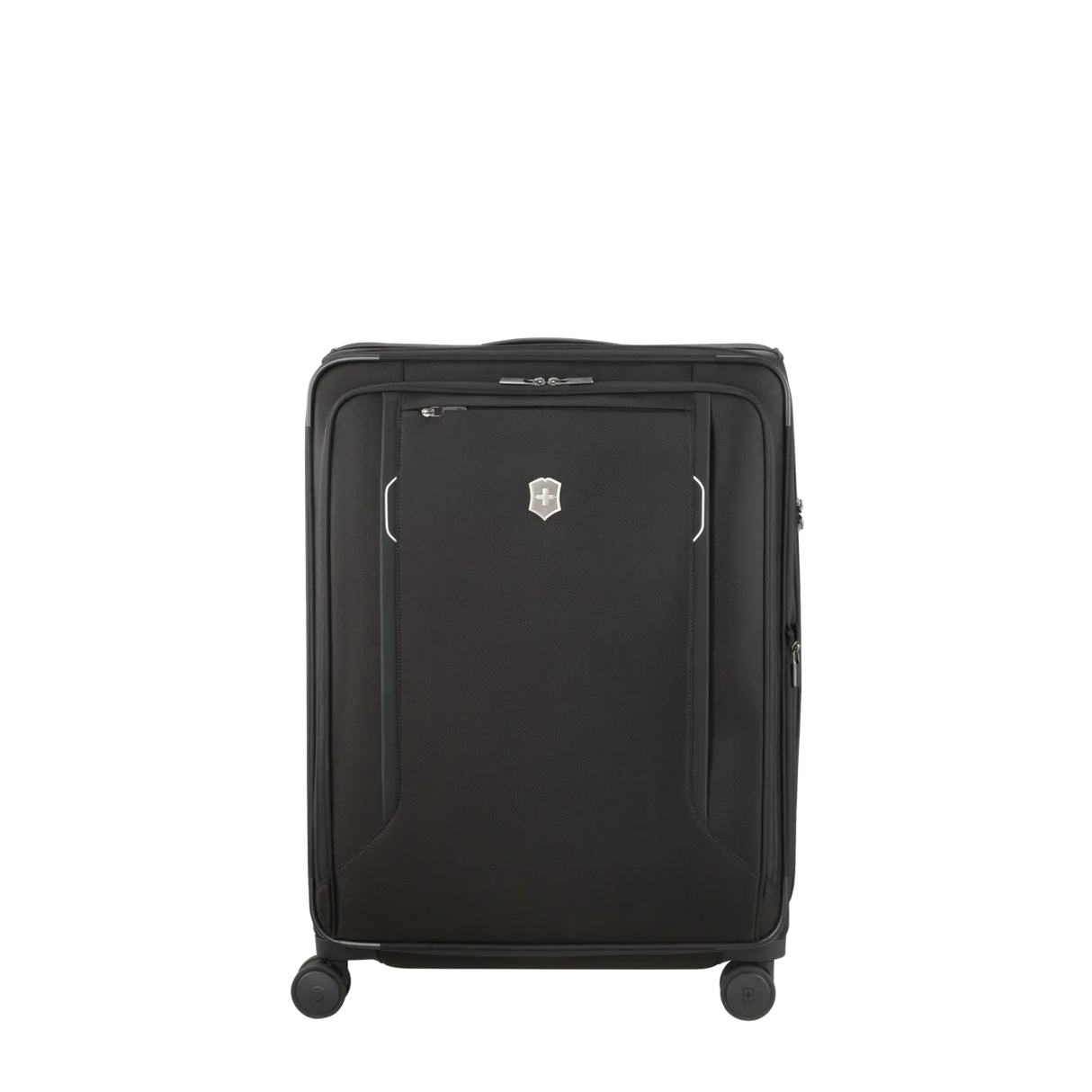 Black wheeled suitcase with a Victorinox logo.