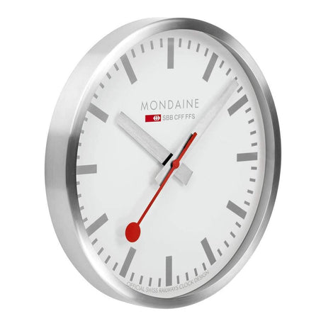 Sleek white wall clock with a silver rim and red hands.