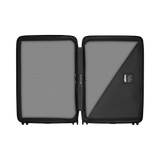 Open hard-shell suitcase with two compartments.