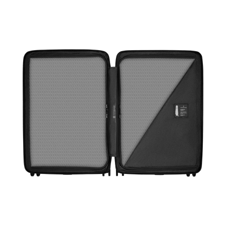 Open hard-shell suitcase with two compartments.