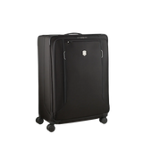 Black rolling suitcase with four wheels and a front pocket.