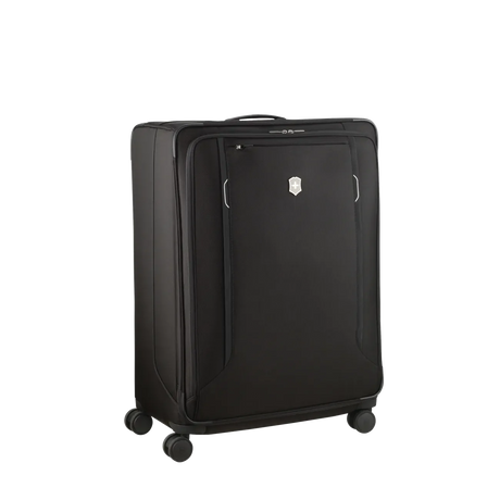 Black rolling suitcase with four wheels and a front pocket.