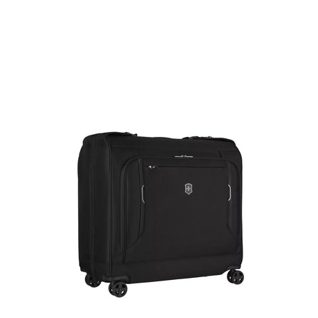 Black rolling garment bag or suitcase with multiple compartments and wheels.