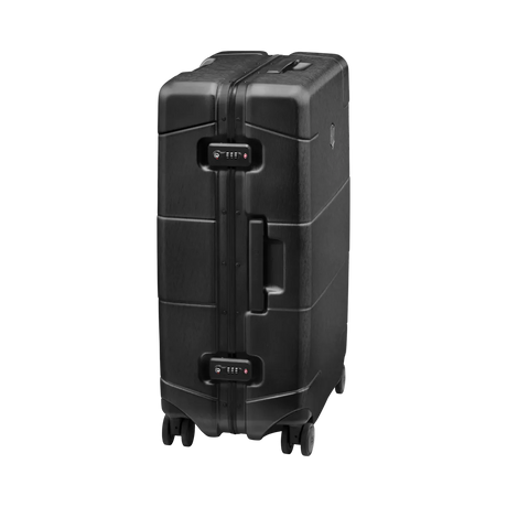 Black hardshell rolling suitcase with wheels and a retractable handle.