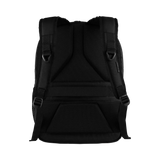 Black backpack with adjustable shoulder straps and multiple compartments.