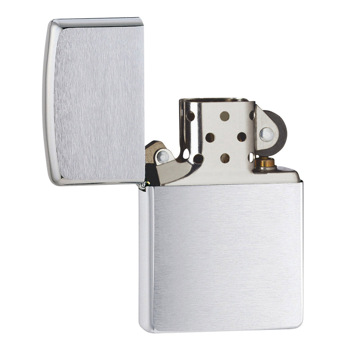 Metal flip-top cigarette lighter with a brushed silver finish.