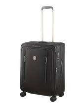 Black wheeled suitcase with an extendable handle.