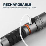 Rechargeable flashlight with a USB-C charging port connected.