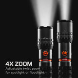 Two black tactical flashlights with red accents and adjustable zoom functionality.