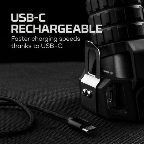 USB-C rechargeable device with a charging port and cable visible.