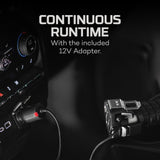 Camera or video equipment with a 12V adapter for continuous runtime.