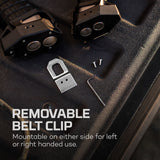Removable belt clip for a device, mountable on either side for left or right-handed use.