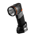 Handheld rechargeable LED flashlight with an adjustable head and textured grip.