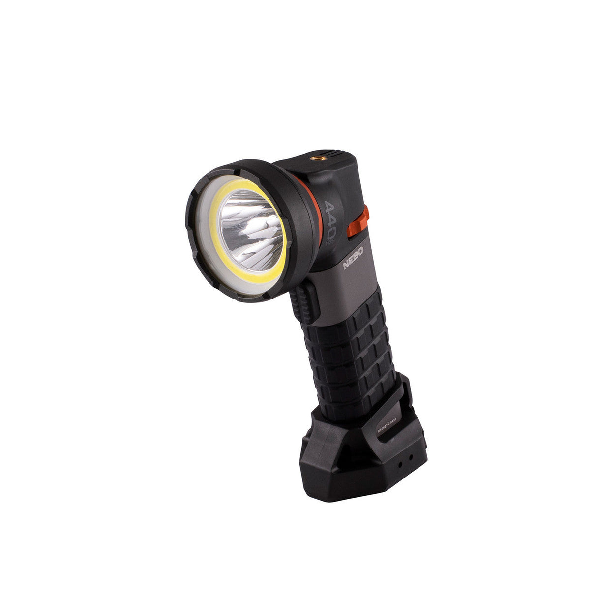 Handheld rechargeable LED flashlight with an adjustable head angle.