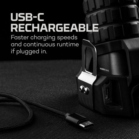 USB-C rechargeable flashlight or portable light with charging cable.