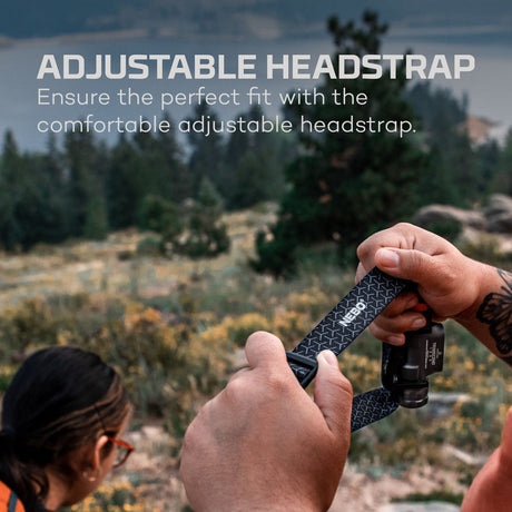 Adjustable headstrap for a camera or device, being demonstrated outdoors.