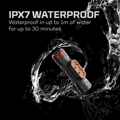 Waterproof flashlight with IPX7 rating surrounded by water splashes.