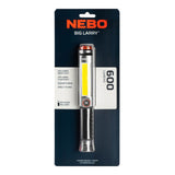 Handheld LED flashlight in retail packaging labeled ’NEBO BIG LARRY’.