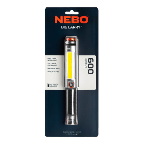 Handheld LED flashlight in retail packaging labeled ’NEBO BIG LARRY’.