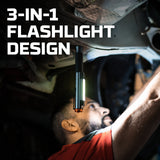 Compact flashlight with a ’3-in-1’’ design feature being used in a dark space.