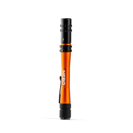 Cylindrical orange and black flashlight with ’NEBO’ branding.