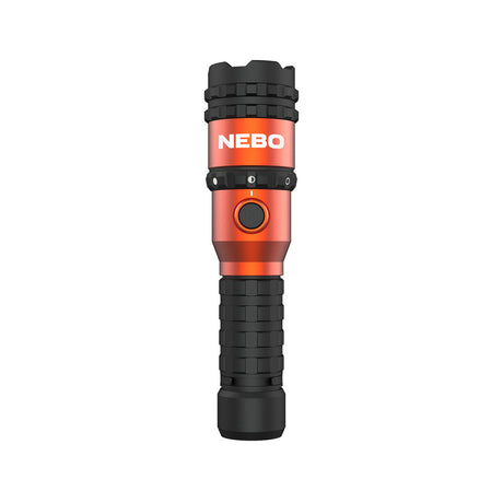 Handheld flashlight with a red and black design featuring the ’NEBO’ brand name.
