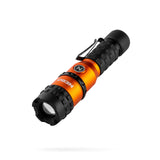 Handheld flashlight with black and orange body and adjustable beam focus.