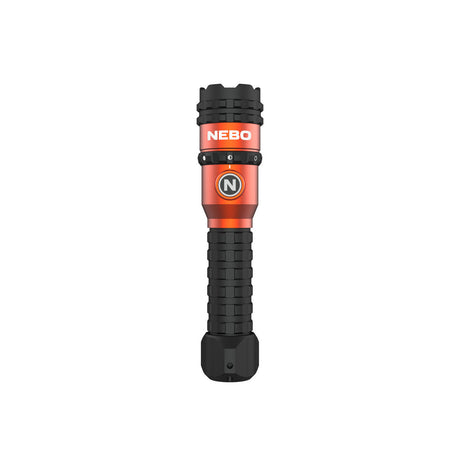 Red and black handheld flashlight with ’NEBO’ branding.