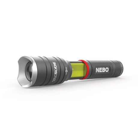 Flashlight with a black and gray body, featuring a green and red band near the lens.