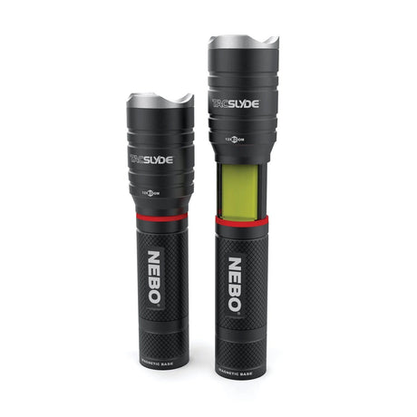 Two black cylindrical flashlights with red and silver accents, one showing a green light.