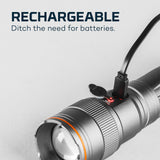Rechargeable flashlight with a USB charging port.