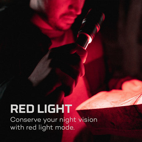 Flashlight or headlamp with red light illumination for preserving night vision.