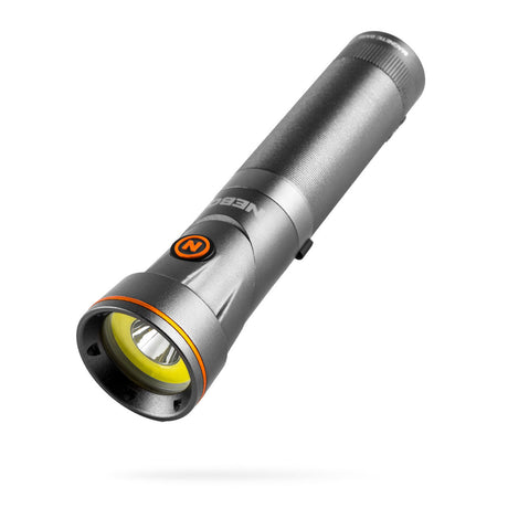 Sleek silver flashlight with an orange power button and yellow-tinted lens.