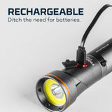 Rechargeable flashlight with a bright LED and charging port visible.