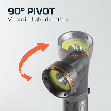 Adjustable flashlight or torch with a 90-degree pivoting head for versatile light direction.