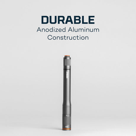 Sleek, cylindrical anodized aluminum flashlight or penlight with orange accents.
