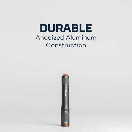 Sleek, cylindrical aluminum flashlight with orange accents.