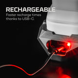 Rechargeable device with a glowing red USB-C port connected to a charging cable.