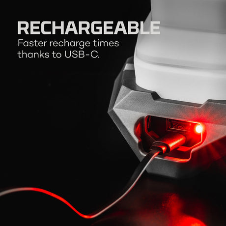 Rechargeable device with a glowing red USB-C port connected to a charging cable.