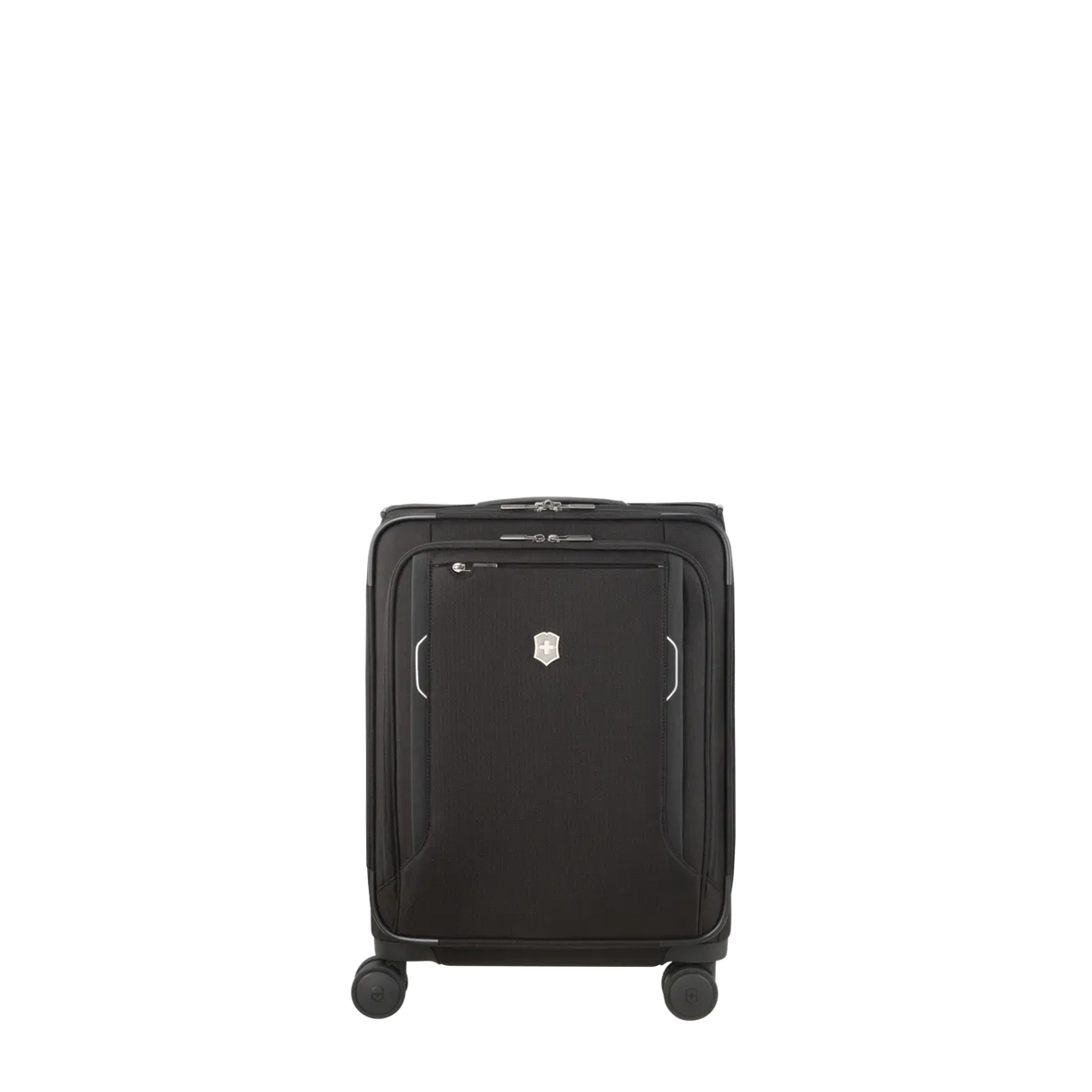 Black wheeled carry-on suitcase with a hard shell exterior.