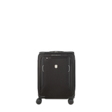 Black wheeled carry-on suitcase with a hard shell exterior.